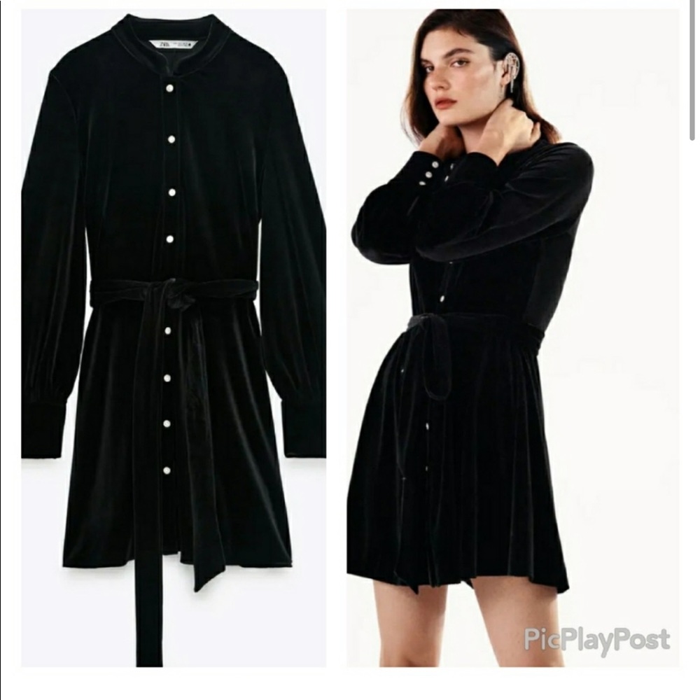 Zara Black Velvet Button Down Tie Front Dress sz M - Picture 3 of 3